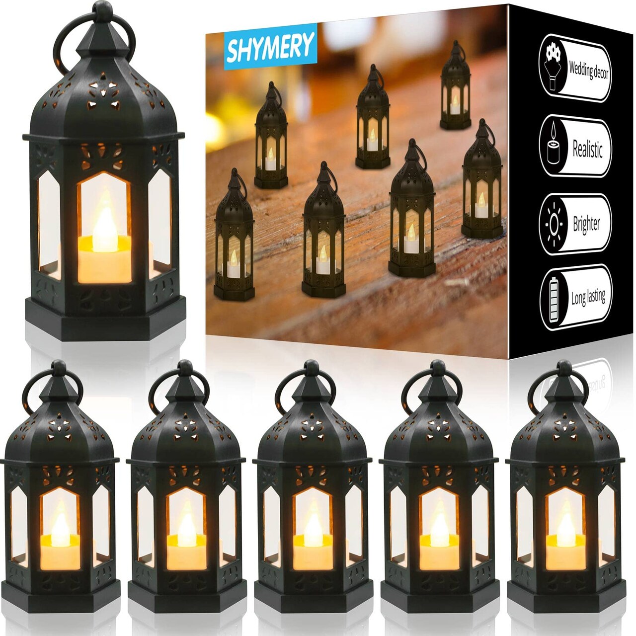 Mini Lantern with Flickering LED Candles,Vintage Black Decorative Hanging Candle Lanterns for Halloween,Wedding Decorations,Christmas,Table Centerpiece,Battery Included(Set of 6)